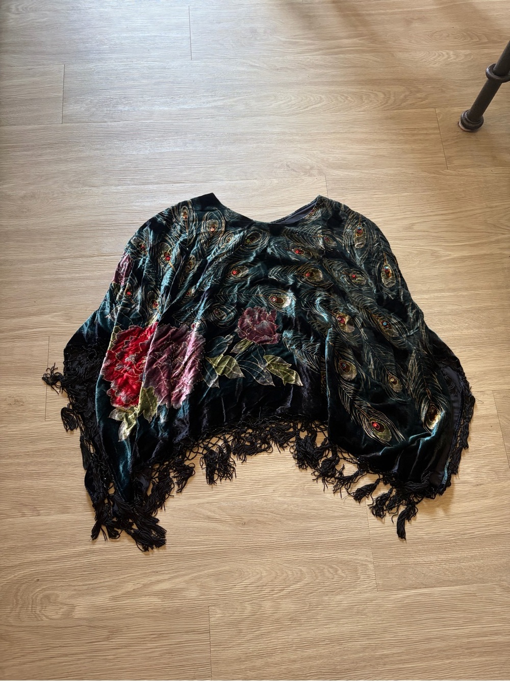 Velvet Peacock-Print Fringe Poncho
